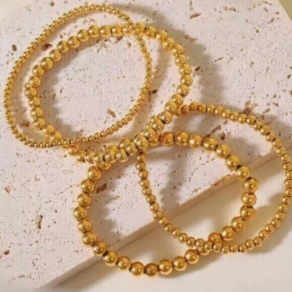 You Pick Size Waterproof Gold Bead Stretch Bracelets Set of 2 Stackable Bracelet - Picture 7 of 16